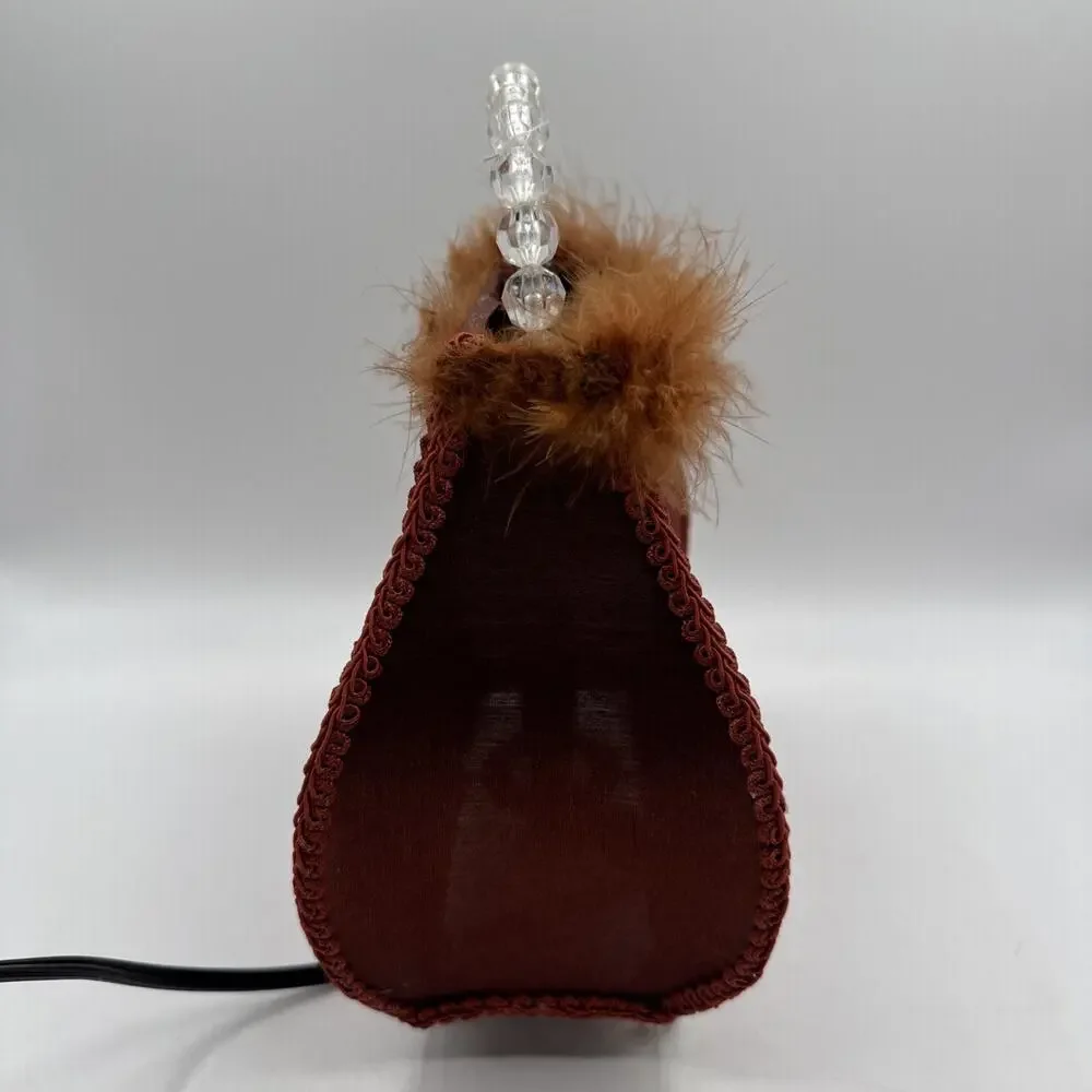 Purse Accent Lamp Shabby Chic Brown Fabric Beaded Handle Feather Boho 10.5 Tall